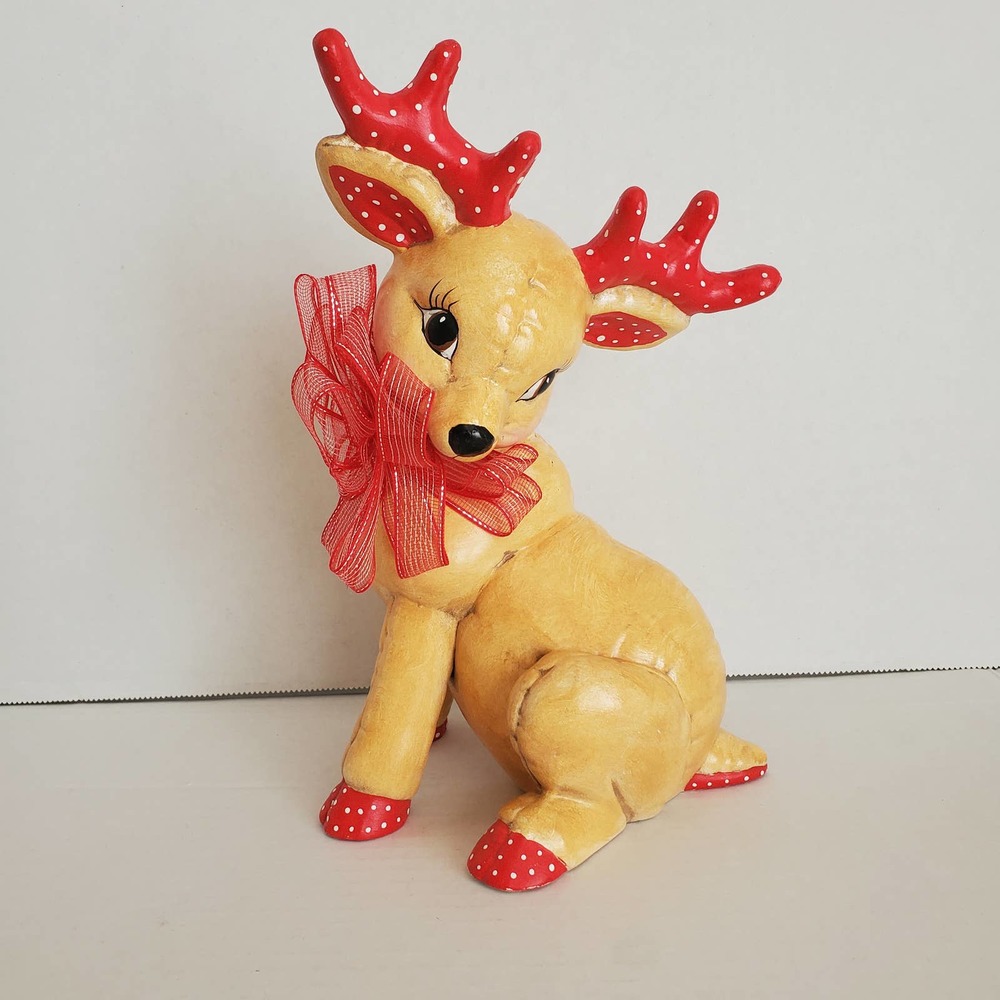 VTG Ceramic Quilted Reindeer Figurine Christmas Kitsch Kimple Mold Holiday Bow
